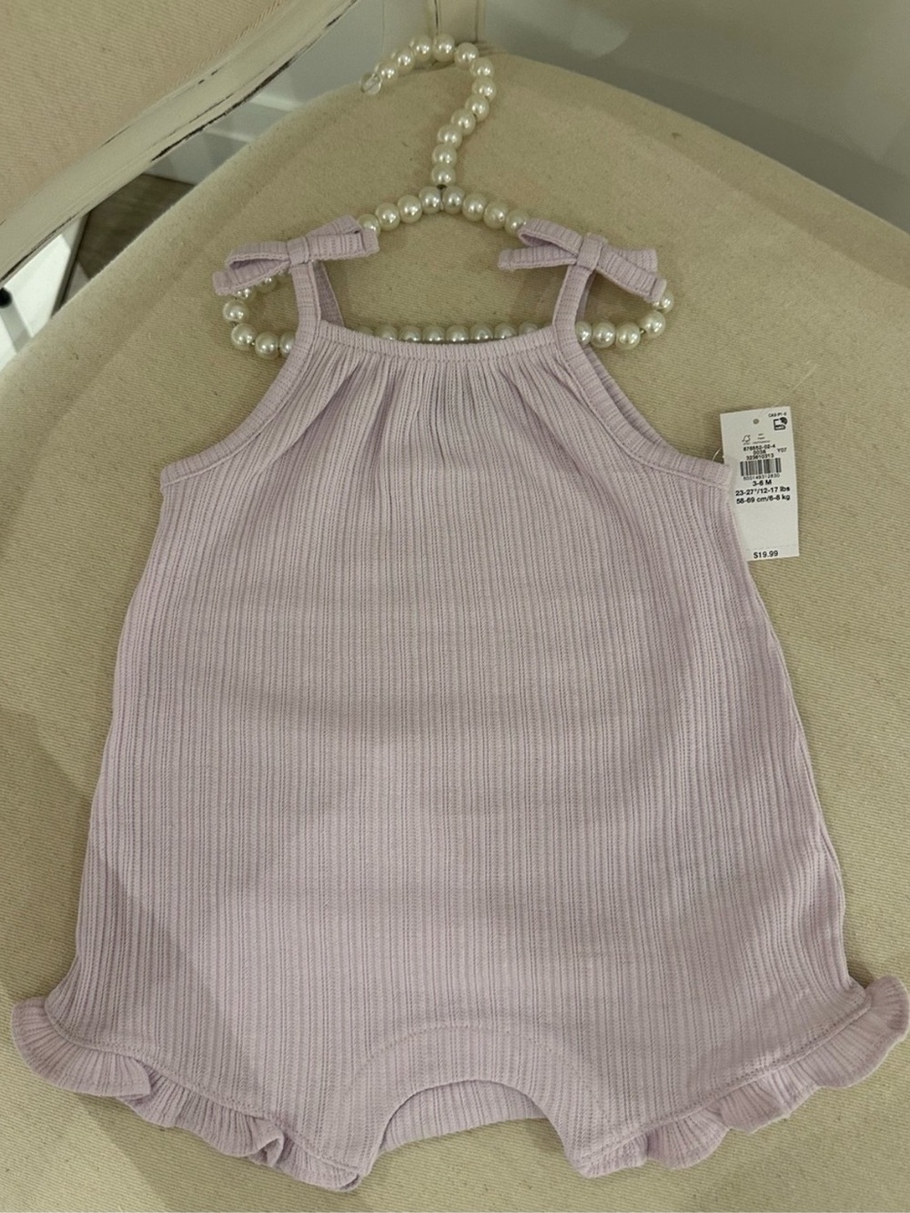 🦢 3~6 Mth Pale Lilac Ribbed Knit Ruffle Baby Romper with Bow Straps NWT